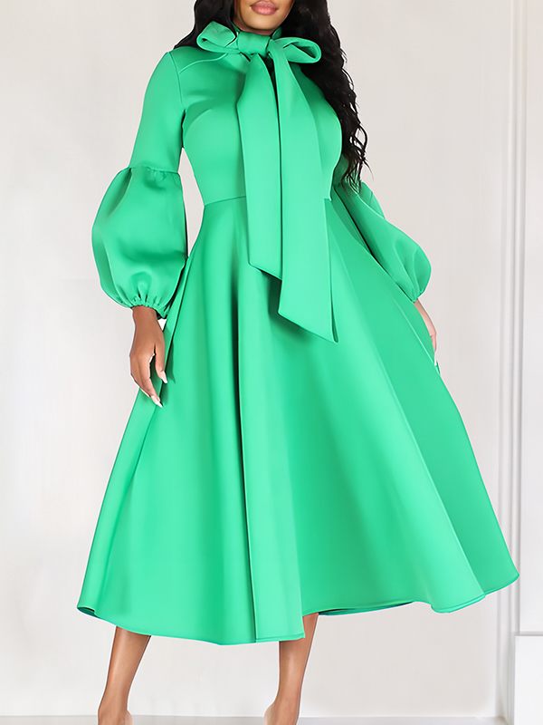 Beautiedoll Solid Tied-Neck Puff-Sleeve Dress