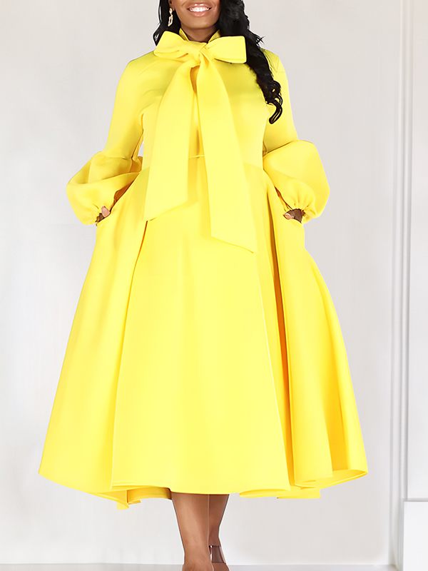 Beautiedoll Solid Tied-Neck Puff-Sleeve Dress