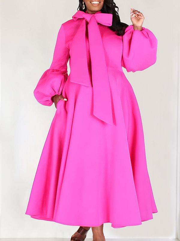 Beautiedoll Solid Tied-Neck Puff-Sleeve Dress