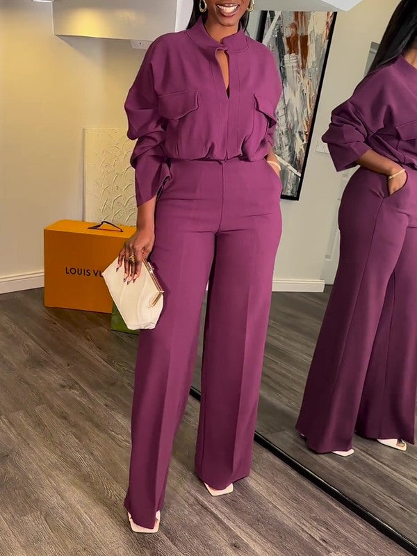 V-Neck Shirt & Wide-Leg Pants Set