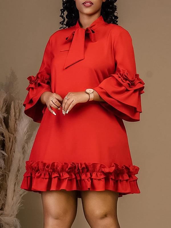Beautiedoll Solid Tied-Neck Frilled Dress
