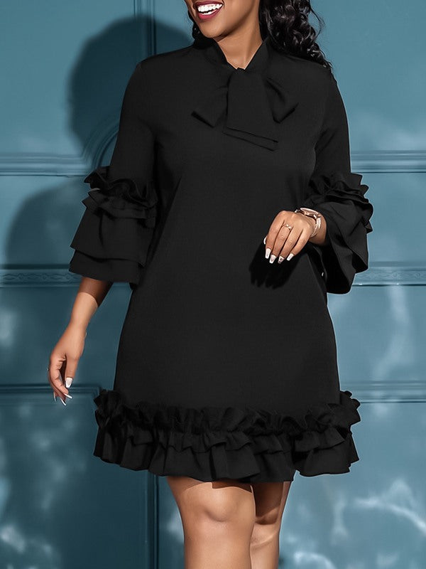 Beautiedoll Solid Tied-Neck Frilled Dress