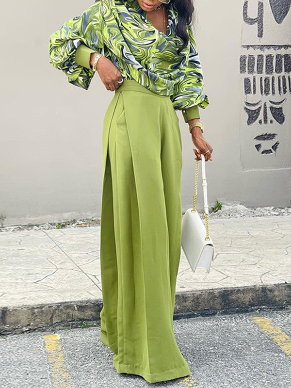 Beautiedoll Printed Blouse & Wide-Leg Pants Set