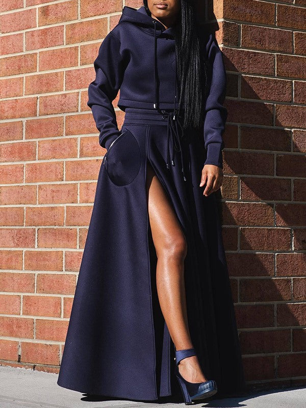 Beautiedoll Solid Hoodie & Slit Skirt Set