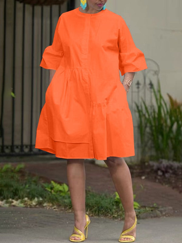 Solid Bell-Sleeve Shirt Dress