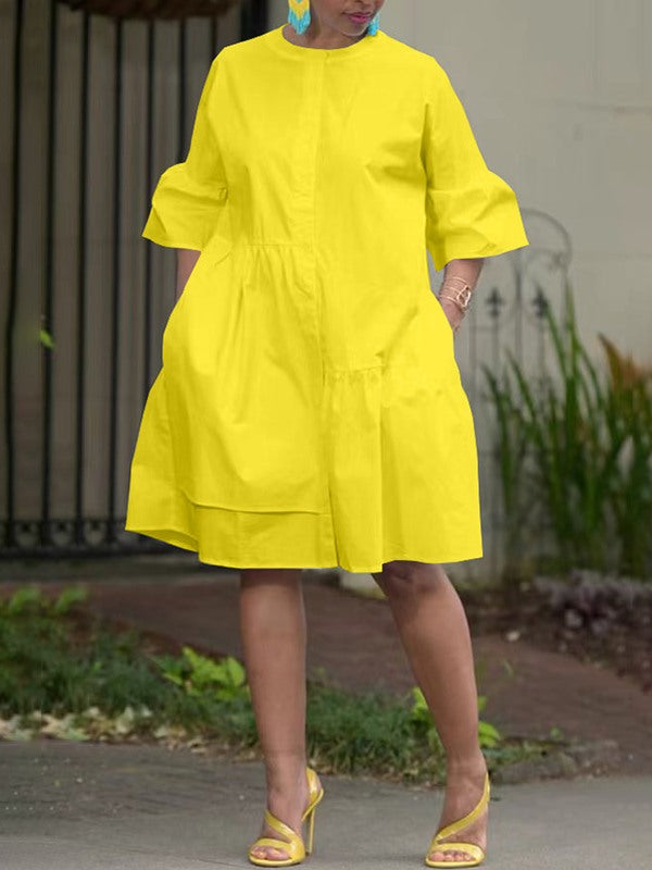 Solid Bell-Sleeve Shirt Dress