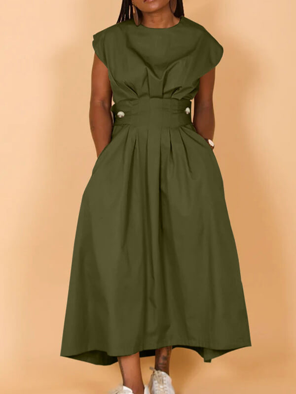 Beautiedoll Solid Button-Waist Sleeveless Dress