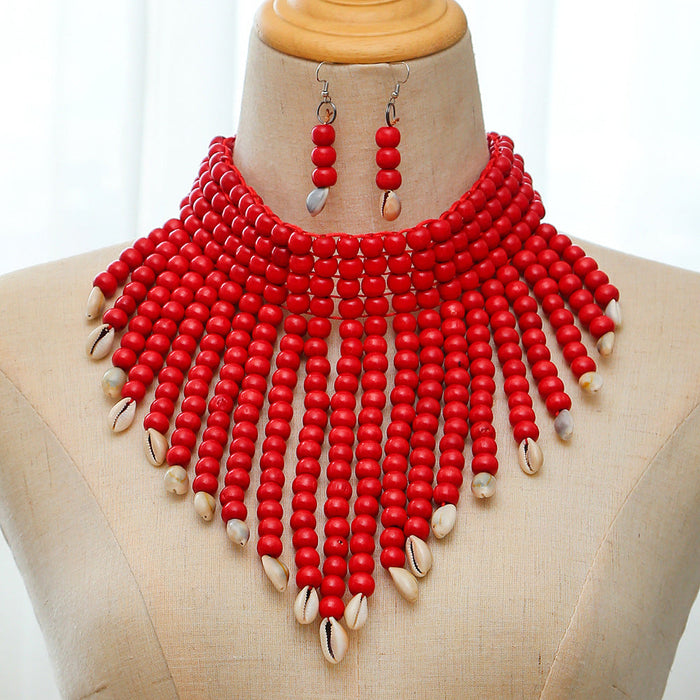 Red Beads Collar Necklace & Earrings Set