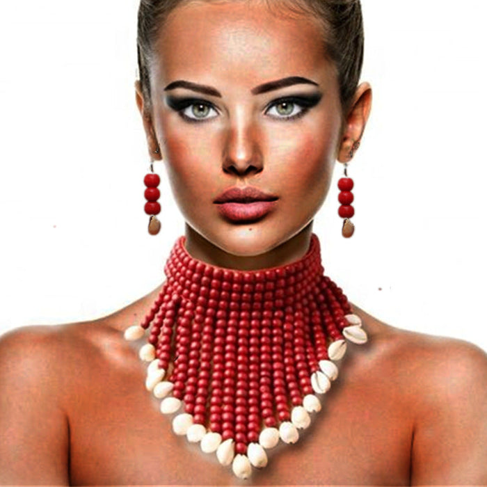 Red Beads Collar Necklace & Earrings Set