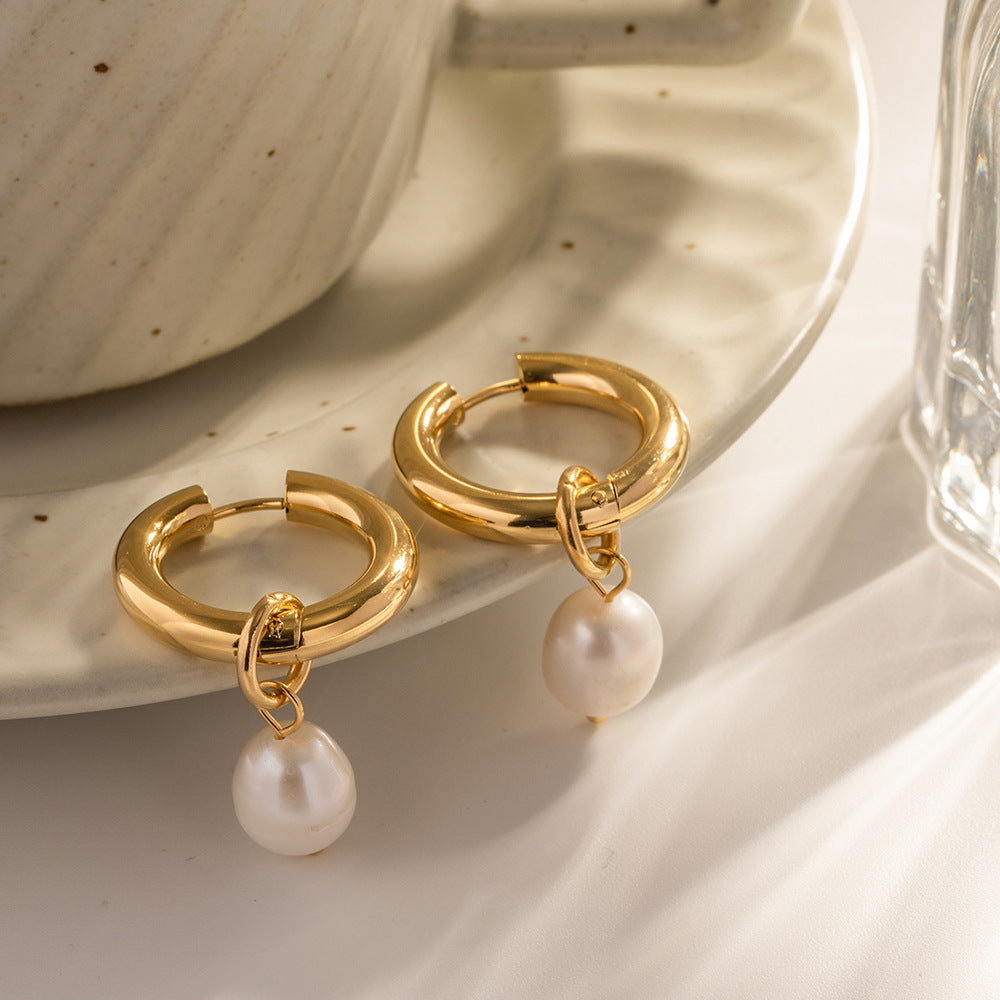 Elongated Pearl Hoops